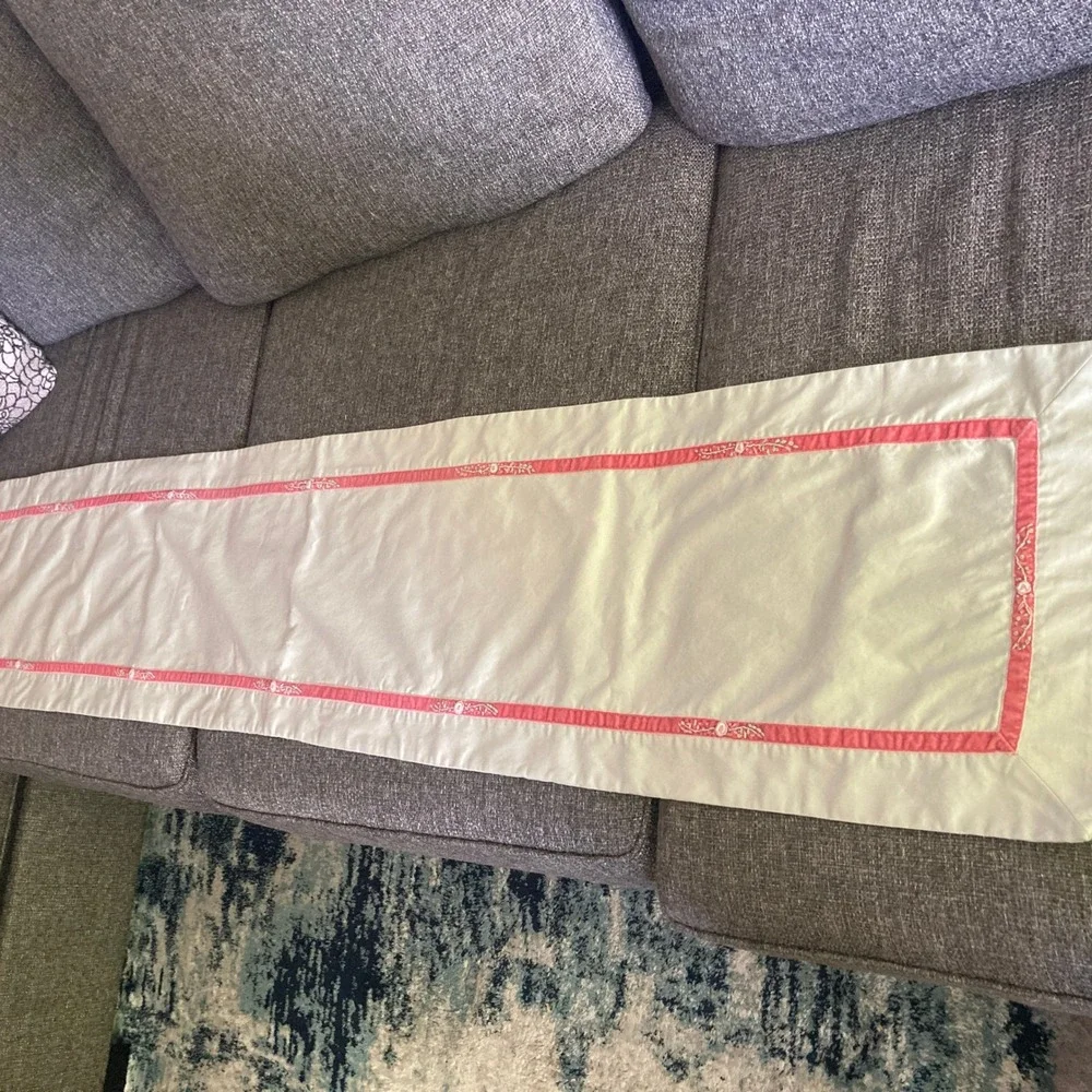 Pier 1 Table Runner 14x69 Light Green Pink Embroider Ribbon Trim Country Cottage